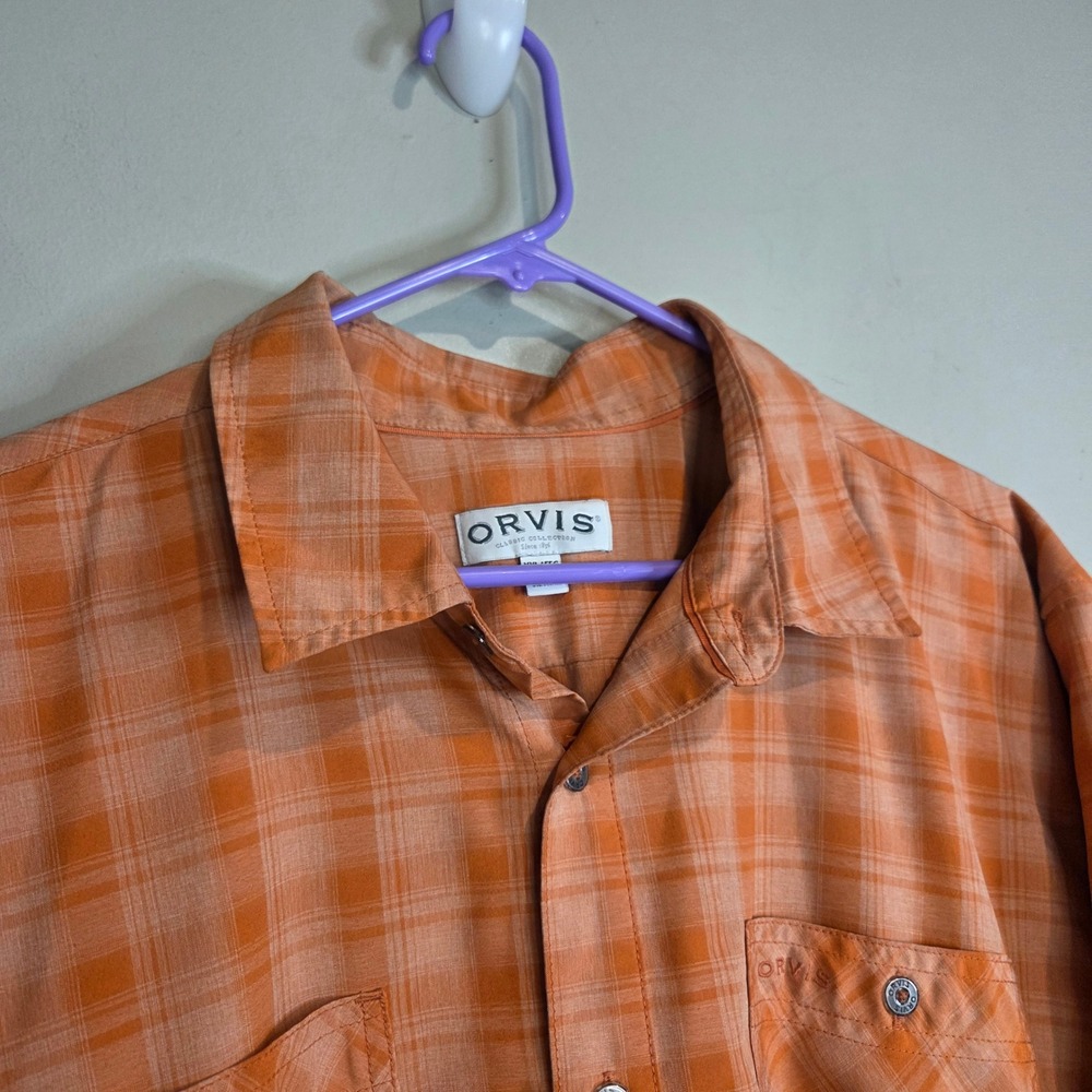 Orvis Plaid Fishing Hiking Shirt Mens XXL Orange Short Sleeve Button Up Outdoor